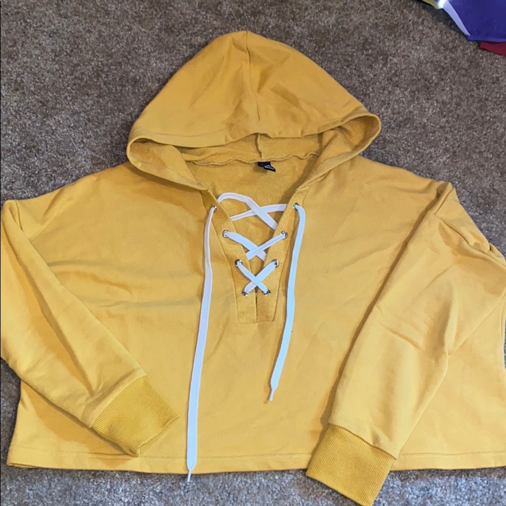 Mustard hooded crop sweater.